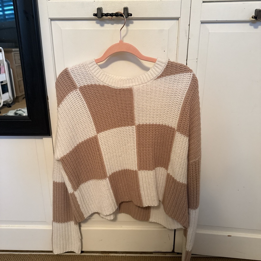 moon & madison Checkered Knit Sweater - Cream and Brown